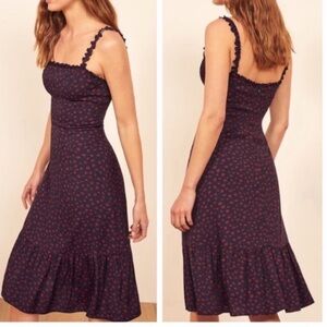 Navy Blue and Red Floral Summer Dress.